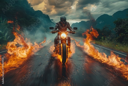 A motorcycle rider on a fiery bike racing down a rural road in scorching heat, Biker in summer