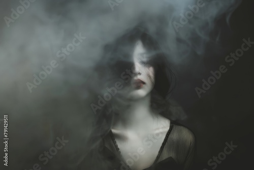 Blurry figure photo of a woman in the style of minimalist figurative foggy and smoke  Woman in smoke