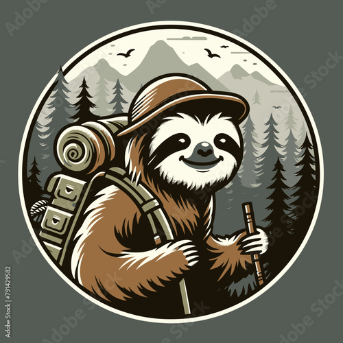 Sloth Hiking Camping badge, Adventure and hiking outdoor activity, vintage wild mountain forest river logo design vector illustration