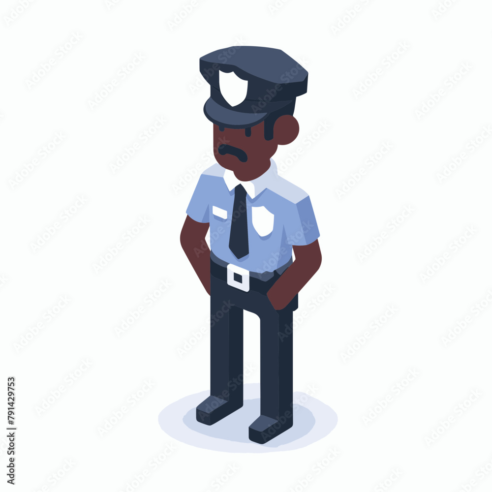 Police Man Isometric Minimal Cute Character, Wearing Headphones and Hold Game Controller, Cartoon Clipart Vector illustration, isolated on White background