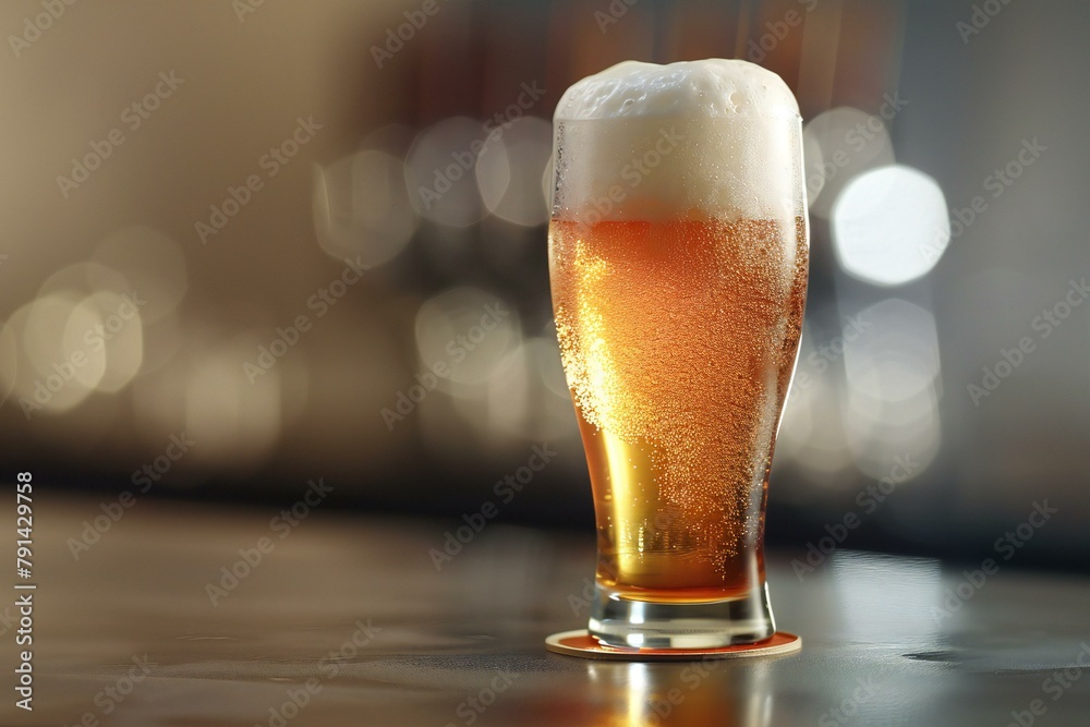 Glass of beer on bar counter with bokeh background, close up