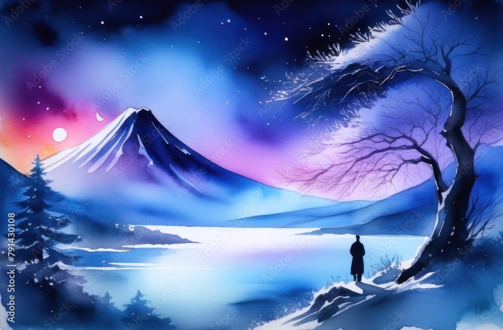 A serene watercolor landscape painting with a silhouette gazing at a majestic snowy mountain