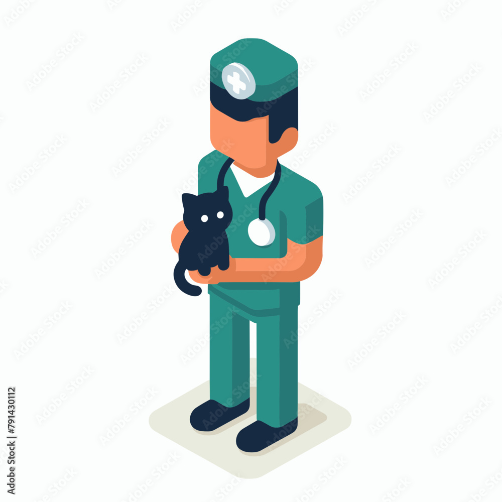 Veterinarian Isometric Minimal Cute Character, Wearing Headphones and Hold Game Controller, Cartoon Clipart Vector illustration, isolated on White background