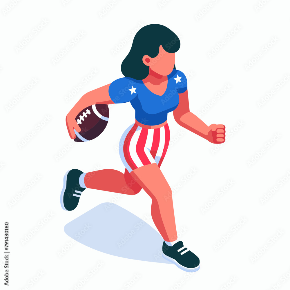 American football Woman, Isometric Minimal Cute Character, Wearing Headphones and Hold Game Controller, Cartoon Clipart Vector illustration, isolated on White background