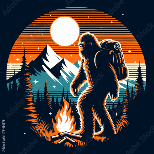 Bigfoot Camping badge, Adventure and hiking outdoor activity, vintage wild mountain forest river logo design vector illustration