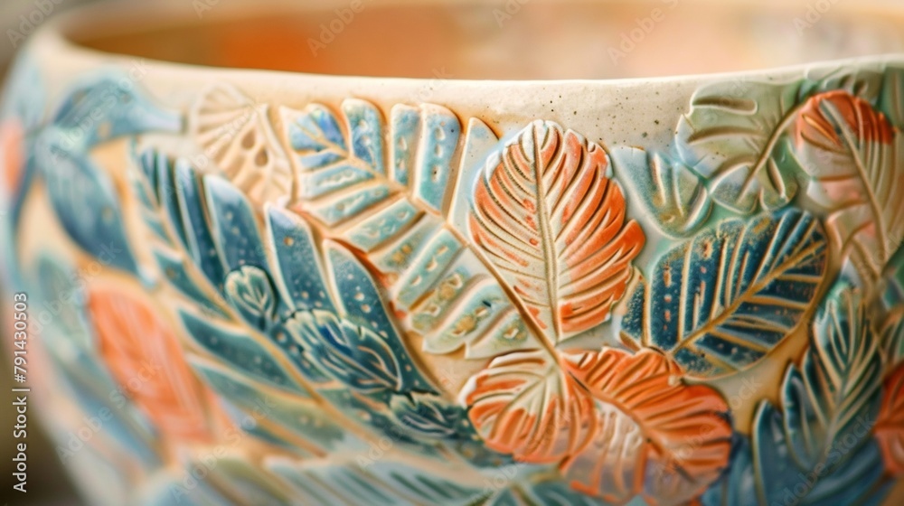 Fototapeta premium Closeup of a ceramic bowl adorned with intricate patterns of leaves and flowers symbolizing the artists use of their craft to highlight the peaceful coexistence between humans and .