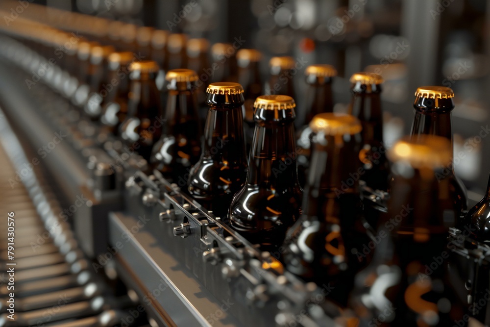 Bottles of beer on conveyor belt in factory, closeup