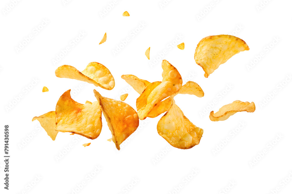 Fototapeta premium Dynamic image of crispy golden potato chips in air isolated on transparent background