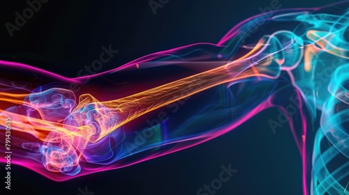 An X-ray image providing insight into the internal structure of the human elbow, highlighting the intricate articulation of bones and the network of muscles and tendons that enable movement. photo