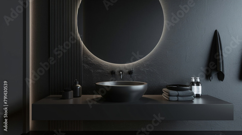 Close up modern black bathroom furniture hanging 