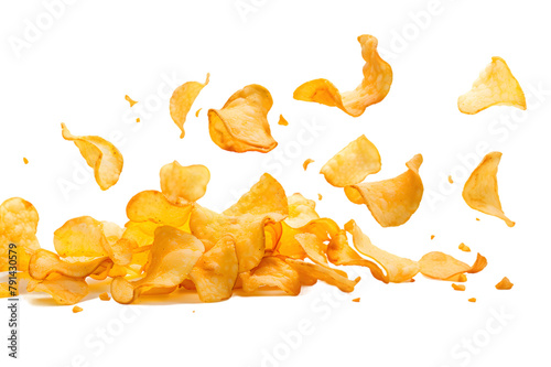 Dynamic image of crispy golden potato chips in air isolated on transparent background