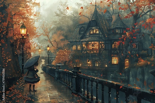 A girl is walking down a street with a large house in the background