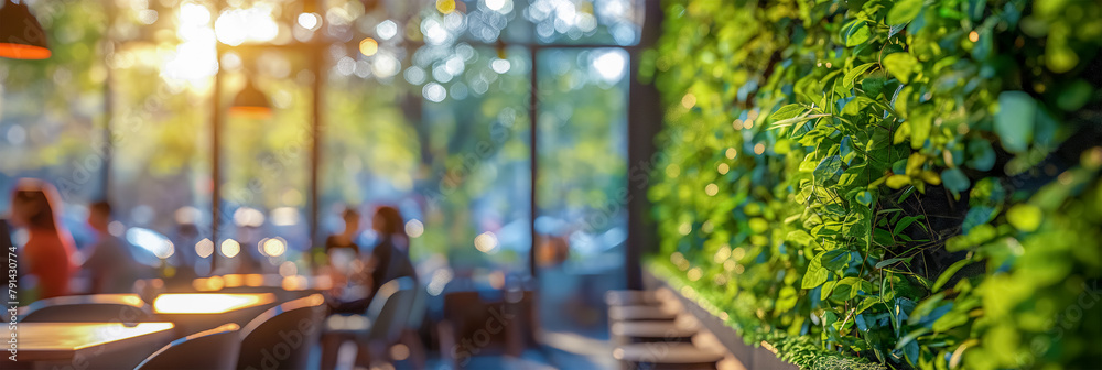 Naklejka premium People dine in a beautiful cafe in vertical landscaping and with huge full-length windows, modern interior and new furniture. The concept of ecology and conservation of natural resources. The banner