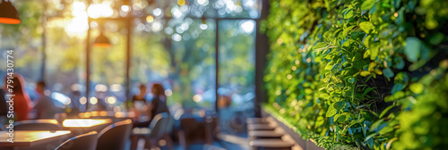 People dine in a beautiful cafe in vertical landscaping and with huge full-length windows, modern interior and new furniture. The concept of ecology and conservation of natural resources. The banner