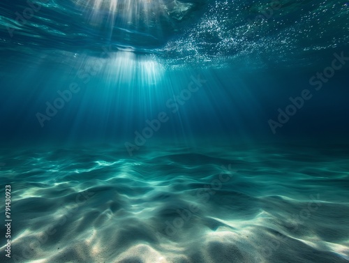 Sunbeams penetrate the clear blue waters, illuminating the sandy ocean floor in a tranquil underwater scene.