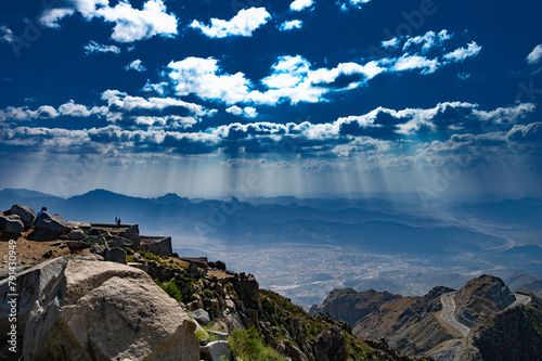 A beautiful Areal view of Vally under the dramatic clouds from Al Hada, Taif, Saudi Arabia photo