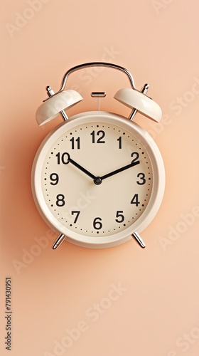 alarm clock on Beige background Minimalistic flat lay,with copy space for photo text or product, blank empty copyspace banner about time management and selfamplement concept. 