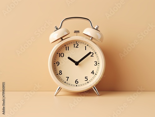 alarm clock on Beige background Minimalistic flat lay,with copy space for photo text or product, blank empty copyspace banner about time management and selfamplement concept. 