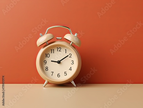 alarm clock on Orange background Minimalistic flat lay,with copy space for photo text or product, blank empty copyspace banner about time management and selfamplement concept. 