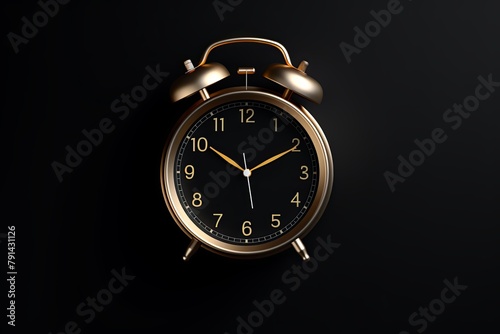 alarm clock on black background Minimalistic flat lay,with copy space for photo text or product, blank empty copyspace banner about time management and selfamplement concept. 