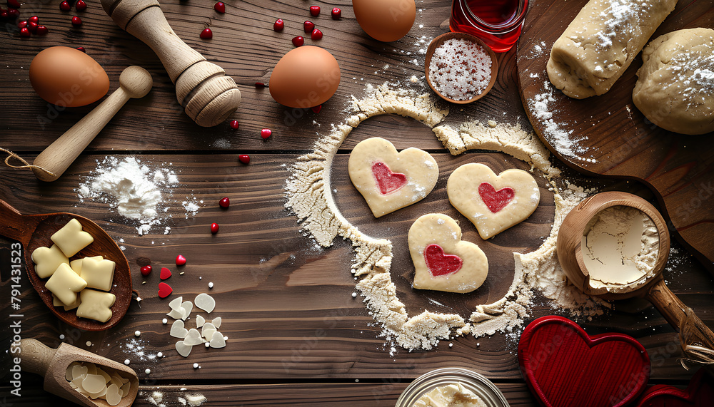 Raw dough and ingredients for preparing tasty heart shaped cookies on wooden background Raw dough and ingredients for preparing tasty heart shaped cookies on wooden background