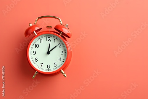 alarm clock on coral background Minimalistic flat lay,with copy space for photo text or product, blank empty copyspace banner about time management and selfamplement concept. 