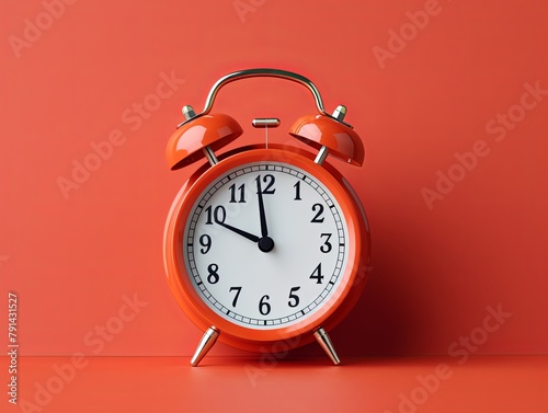 alarm clock on coralbackground Minimalistic flat lay,with copy space for photo text or product, blank empty copyspace banner about time management and selfamplement concept. 