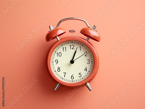 alarm clock on coralbackground Minimalistic flat lay,with copy space for photo text or product, blank empty copyspace banner about time management and selfamplement concept. 