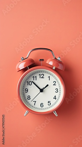 alarm clock on coralbackground Minimalistic flat lay,with copy space for photo text or product, blank empty copyspace banner about time management and selfamplement concept. 
