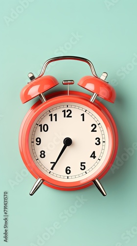 alarm clock on teal background Minimalistic flat lay,with copy space for photo text or product, blank empty copyspace banner about time management and selfamplement concept. 
