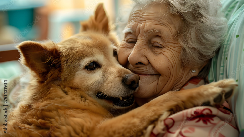 An intimate moment as a senior woman lovingly embraces her loyal golden dog, both radiating contentment.

