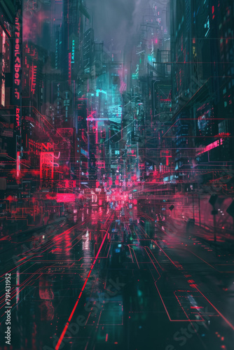 Cyberpunk-inspired landscape bathed in the glow of neon lights against a backdrop of darkness. Circuitry motifs intertwine with graffiti-like art  creating a chaotic yet captivating aesthetic design