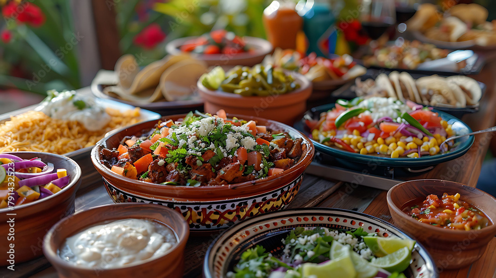 Mexican Feast Served Family Style, hyperrealistic food photography