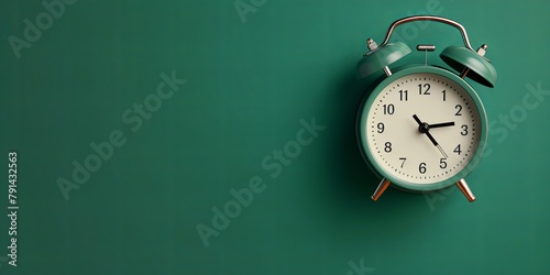 alarm clock on Green background Minimalistic flat lay,with copy space for photo text or product, blank empty copyspace banner about time management and selfamplement concept. 