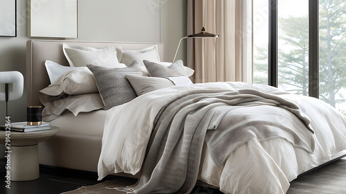 A luxurious bedding ensemble with high thread count sheets and plush throw blankets, arranged atop a modern platform bed, inviting rest and relaxation in the contemporary bedroom oasis. photo