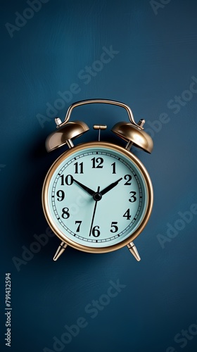 alarm clock on indigo background Minimalistic flat lay,with copy space for photo text or product, blank empty copyspace banner about time management and selfamplement concept. 