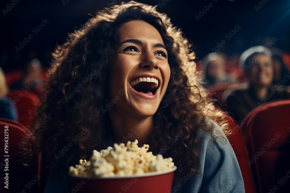 Image created with generative AI technology of young charming girl watching 3d movie Image created with generative AI technology of young charming girl watching 3d movie