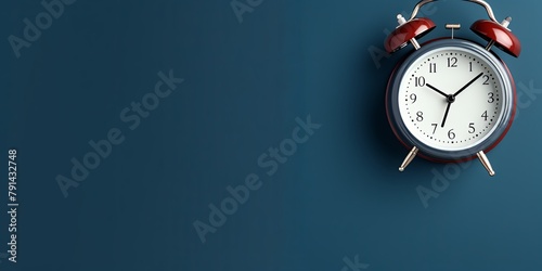 alarm clock on indigo background Minimalistic flat lay,with copy space for photo text or product, blank empty copyspace banner about time management and selfamplement concept. 