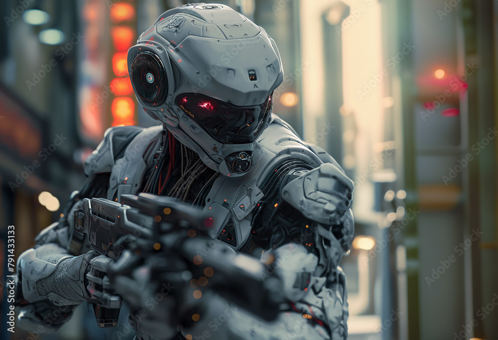 Futuristic AI robot soldiers equipped with advanced weapons in combat Futuristic AI robot soldiers equipped with advanced weapons in combat