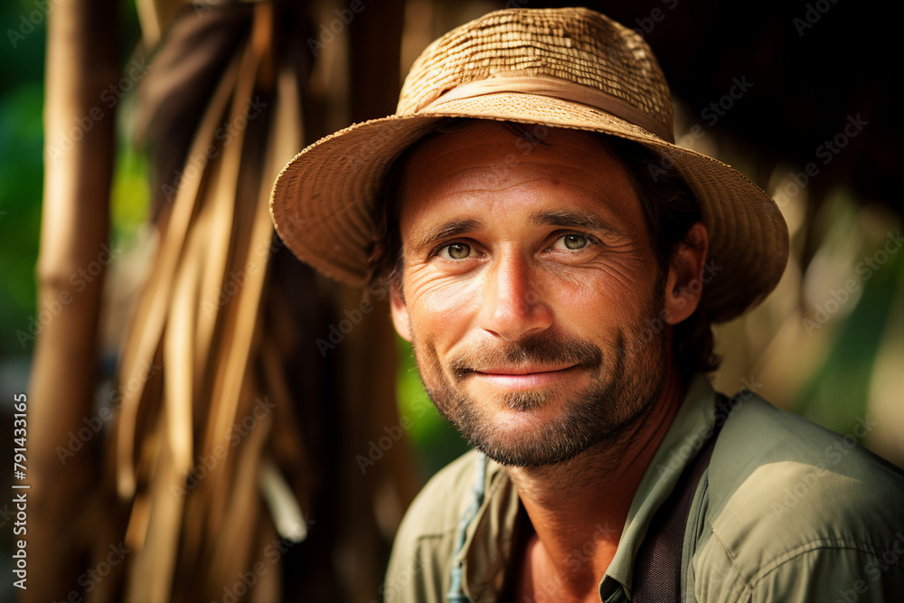 AI generated photo image of handsome man traveler wanderlust tropical exotic forest expedition