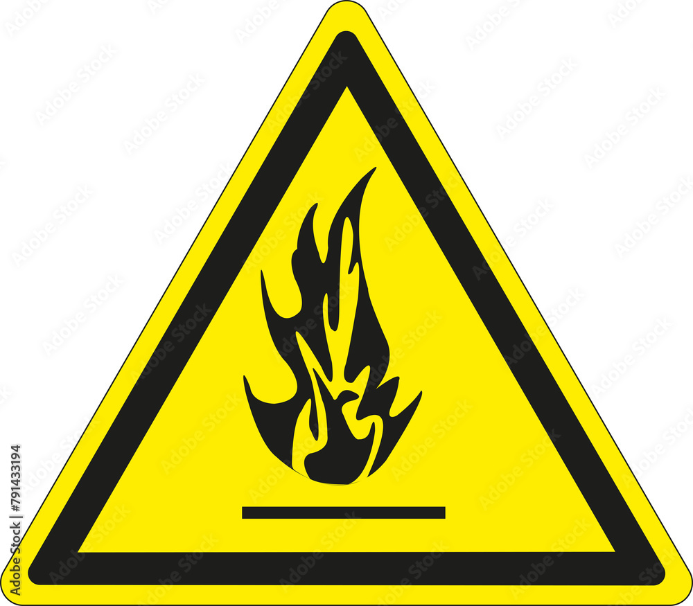 Panneau triangulaire sur fond jaune et bordure noire: danger de substances inflammables Panneau triangulaire sur fond jaune et bordure noire: danger de substances inflammables