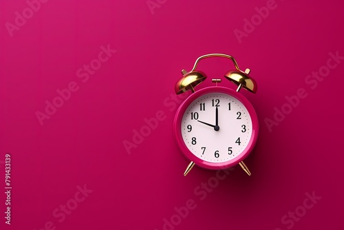 alarm clock on magenta background Minimalistic flat lay,with copy space for photo text or product, blank empty copyspace banner about time management and selfamplement concept. 