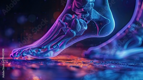 An X-ray image showcasing the internal anatomy of the human ankle, highlighting the intricate network of bones, ligaments, and tendons that provide stability and support for the foot. photo