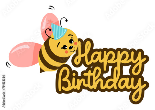 Cute happy birthday bee text