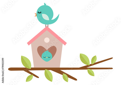Mom bird and little bird on cage