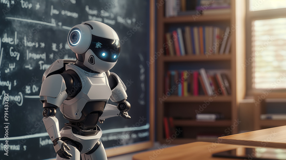 Fototapeta premium AI humanoid robots teaching college students in a futuristic classroom setting
