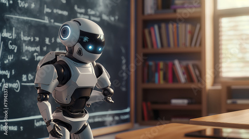 AI humanoid robots teaching college students in a futuristic classroom setting