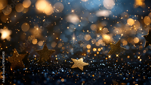 Festive overlay effect. Golden stars bokeh festive glitter background. Christmas greeting cards, invitations, flyers, blog posts, banners design,Golden Lights. Vintage Magic Background With Color 
