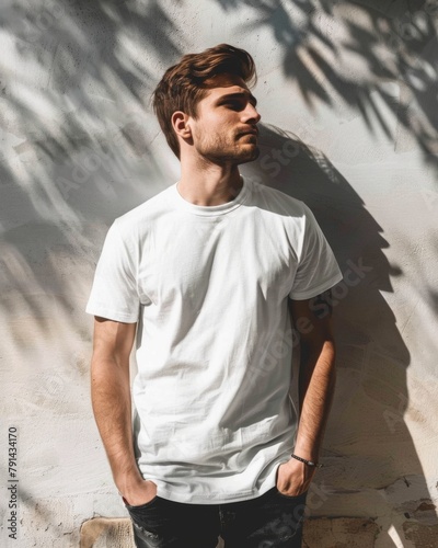 Young Adult man model in Blank white T-Shirt for design mockup © Leli