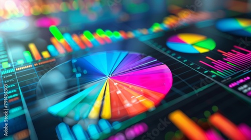 Brightly colored pie charts and bar graphs representing diverse stock portfolio performance on a digital screen